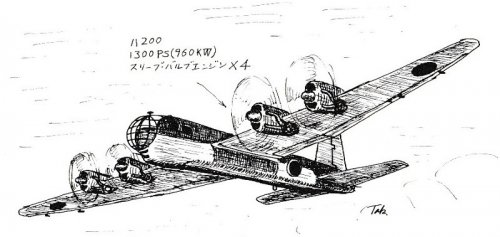 The artistic impression for Heinkel Hitachi experimental heavy bomber with Gasuden HA200 engine.jpg