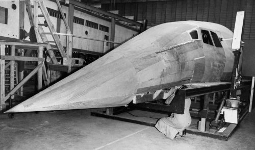 A wooden mockup of the Concorde nose and cockpit under construction at Filton factory in Bristol.jpg