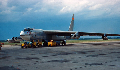 XB-52 (49-230) with two P&W J75 turbojets on outer pylons, 1959.jpg