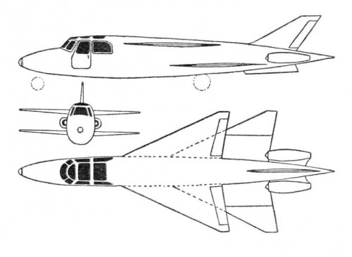 Delanne 1300 tandem delta-wing business jet project 3-view drawing - Les Ailes - No.jpg