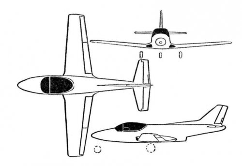 Procaer F-400 Cobra light executive jet prototype 3-view drawing - Les Ailes - No.jpg