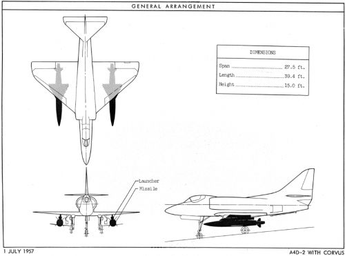 3-view drawing of Douglas A4D-2 Skyhawk with two of the cancelled Temco ASM-N-8 Corvus ASM's.PNG