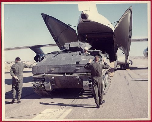 1975 US Army Experimental XM723 MICV, being loaded into a Lockheed C-141 Starlifter.jpg