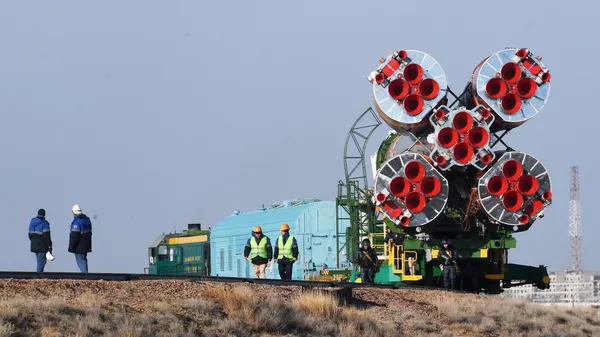 Transportation of the Soyuz-FG carrier rocket with the manned Soyuz MS-12 spacecraft to the launch pad of the Baikonur cosmodrome. March 12, 2019
