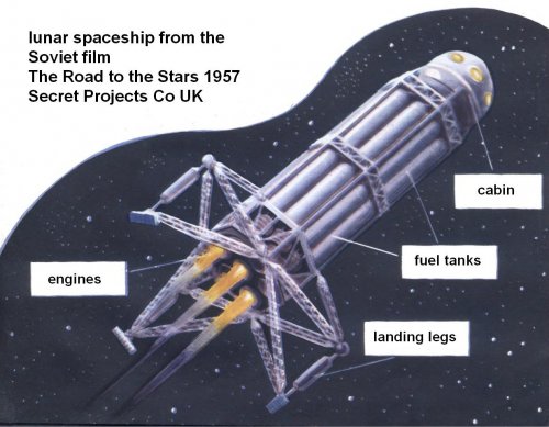 lunar spaceship from the Soviet film The Road to the Stars 1957.jpg
