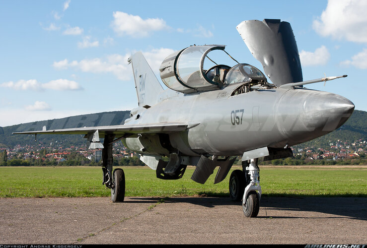 USAF MiG-21UM (04-057, ex-HuAF) at Budaors (21 September 2014).jpg