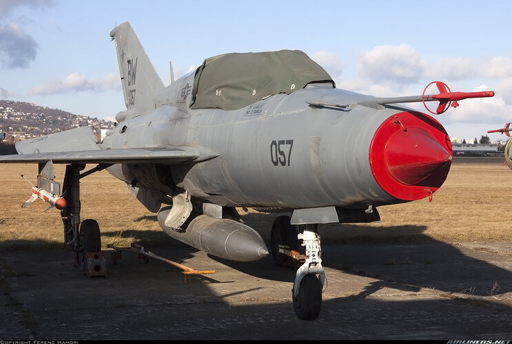 USAF MiG-21UM (04-057, ex-HuAF) used for Spectral at Budaors (1 February 2022).jpg