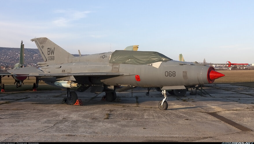 USAF MiG-21UM (068, 04-068, ex-HuAF) used in Spectral at Budaors (9 February 2020).jpg