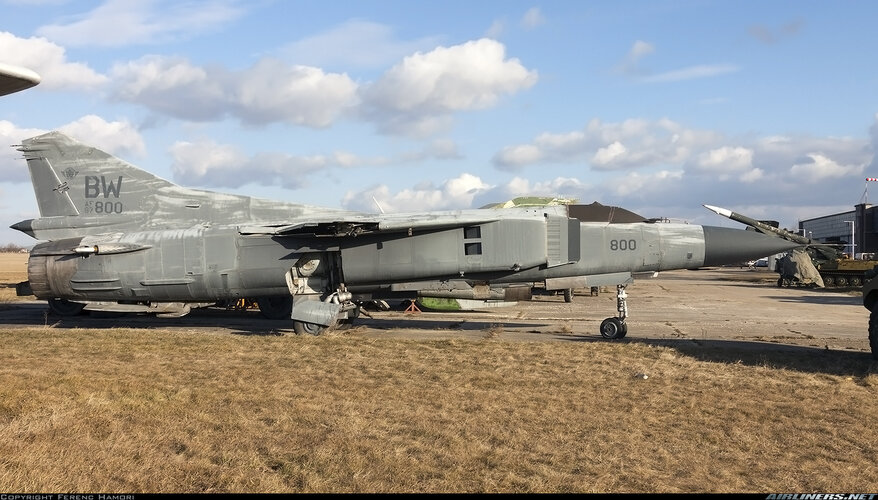 USAF MiG-23MF (87-800, BW, ex-HuAF 01) at Budaors (2 February 2022).jpg