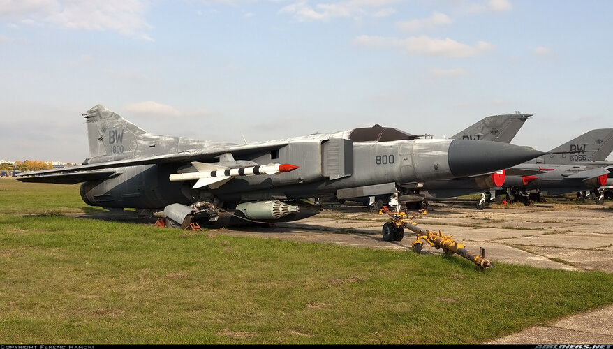 USAF MiG-23MF (87-800, BW, ex-HuAF 01) at Budaors (27 October 2020).jpg