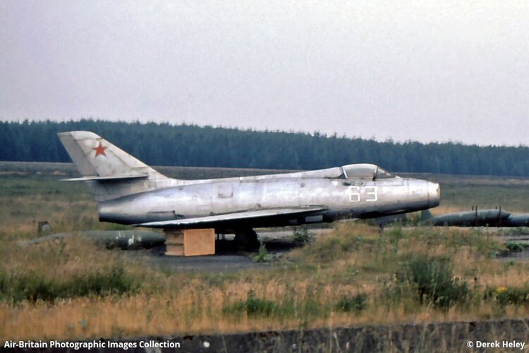 UK Ministry of Defence Mystère IVA (63 white, 64) at RAF Spadeadam (20 July 1989).jpg