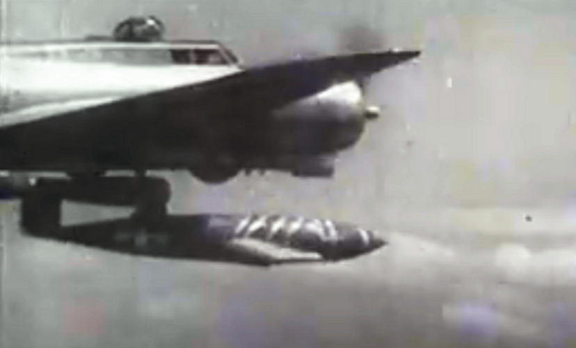 USAAF JB-2 jet bomb being launched for flight test by B-17 bomber during testing of weapon, 1944.png