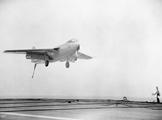 P.1052 (VX272) during carrier test on HMS Eagle in channel (May 1952).jpg