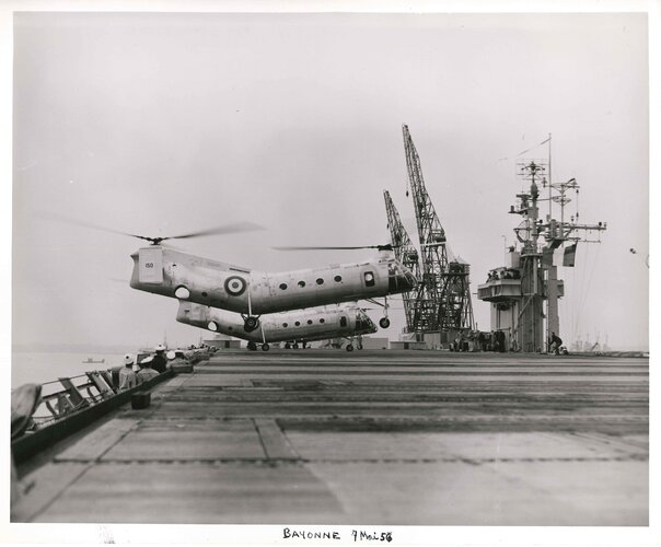 Aéronavale H-21 landing on Dixmude at Bayonne, New Jersey (7 May 1956).jpg