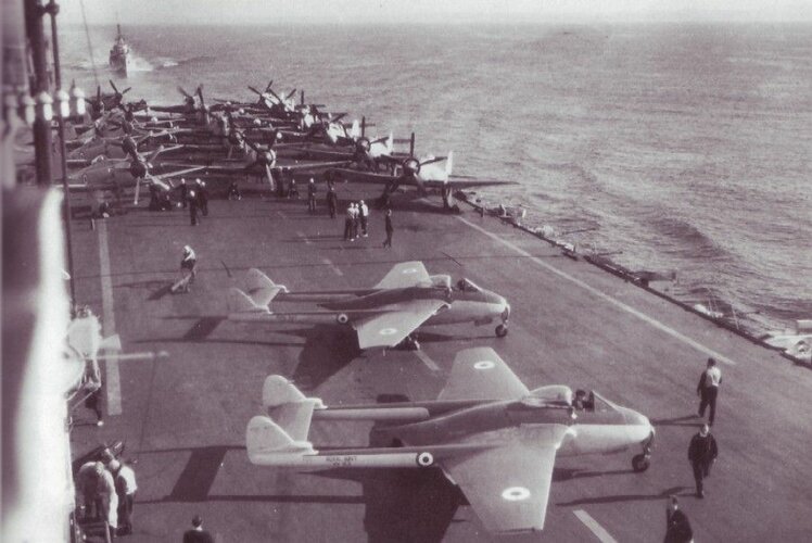 Royal Navy Sea Vampire F.20 & Sea Fury FB.11 on HMS Theseus.jpg