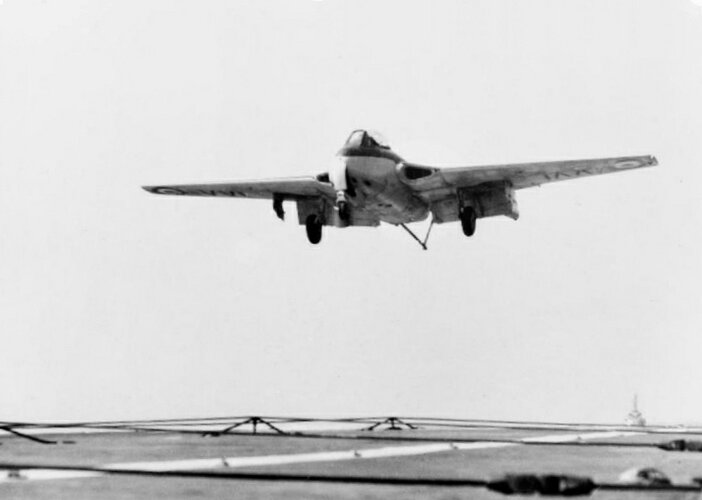 Royal navy Sea Vampire F.20 landing on HMS Vengeance in Channel (1951).jpg