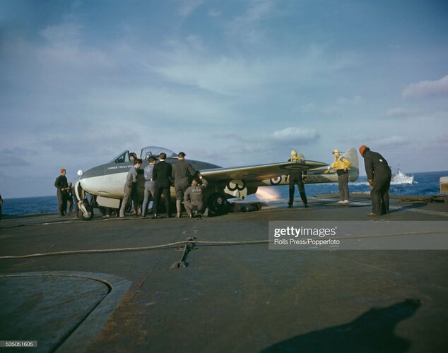 Royal Navy Sea Vampire F.20 on HMS Illustrious (c1950).jpg