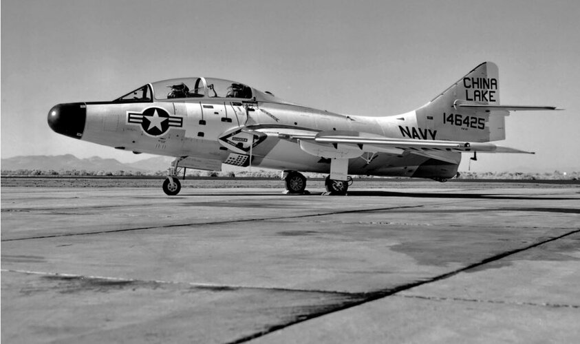 US Navy F9F-8T (146425) with APQ-89 at Armitage Field, China Lake (14 September 1961) (2).JPG