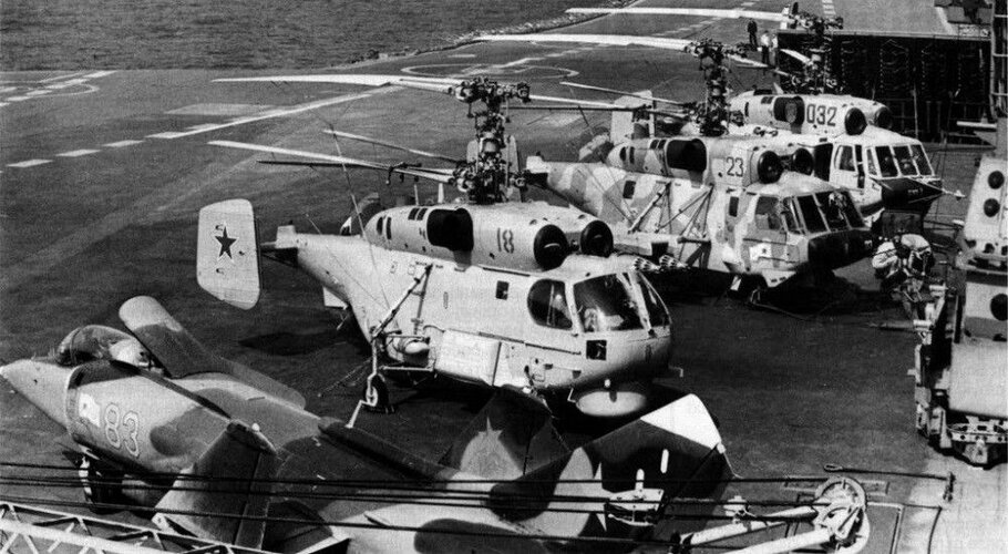 Soviet Navy Yak-38M (83 yellow) & Kamov on Tbilissi deck.jpg