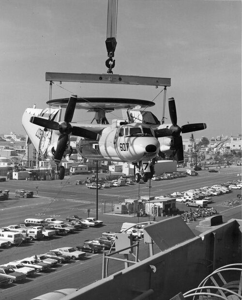 E-2C Hawkeye of VAW 122 loads on Kitty Hawk CV 63 at NAS North Island 1977 3.jpg