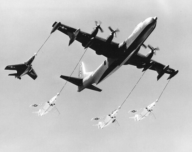 Convair R3Y-2 Tradewind refueling 4 F9F-8 Cougars 6 Sept 1956.jpg