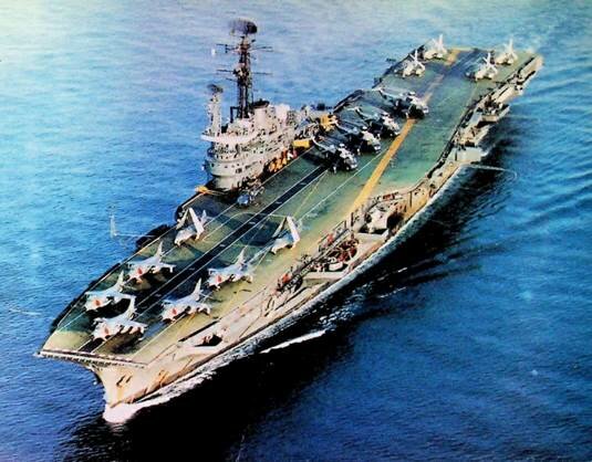 INS Vikrant with Sea Harriers, Sea Hawks, Allouette, Sea Hawks & Alize (c1984) (2).jpg