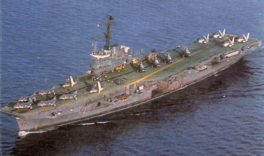 INS Vikrant with Sea Harriers, Sea Hawks, Allouette, Sea Hawks & Alize (c1984).jpg