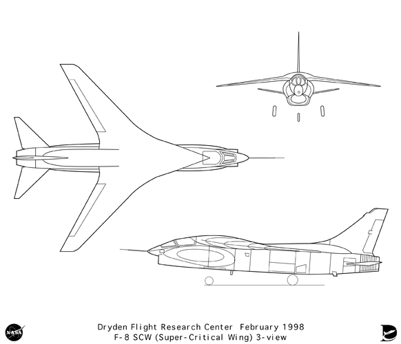 Vought F-8A Crusader Supercritical Wing 3-view line.gif
