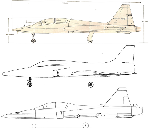 Northrop N400NT Swift 30ft7in span vs. T-38 vs F-5H 200px=1m side view vf.png