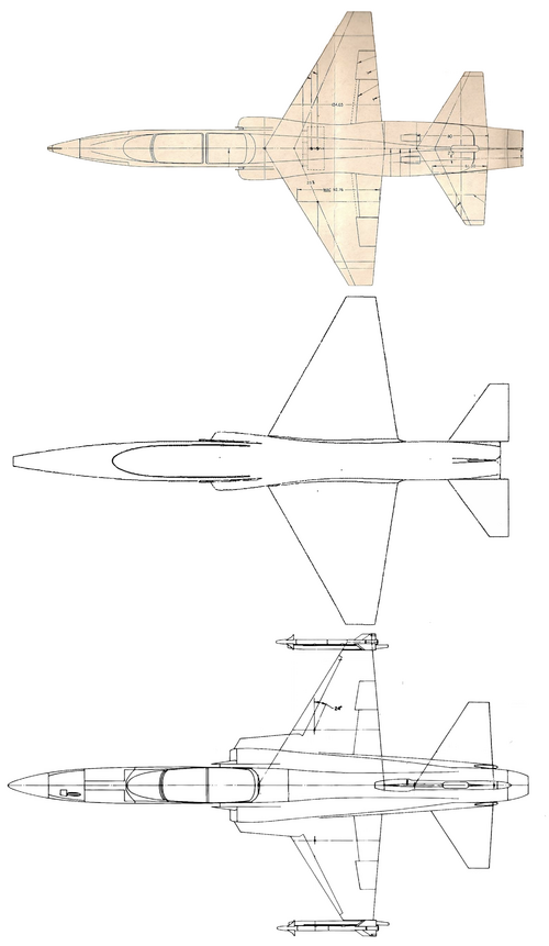 Northrop N400NT Swift 30ft7in span vs. T-38 vs F-5H 200px=1m top view vF.png
