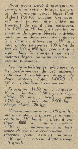 PA-400 Lucane, Aviation Magazine 1953-07-15.jpg