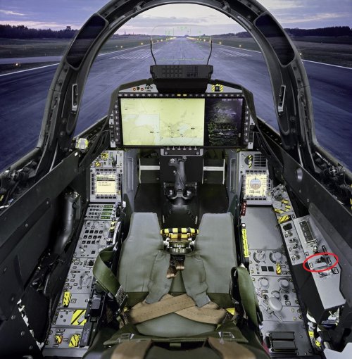 Gripen E cockpit war and peace switch.jpg
