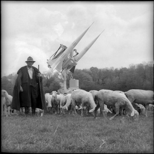 Herd of sheep with Contraves anti aircraft missiles Zurich 1958 Old Photo.jpg