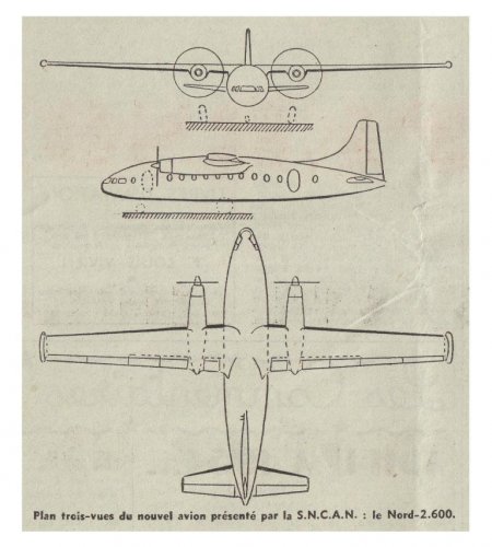 SNCAN Nord 2600 project 3-view - Les Ailes  - No. 1,508 - 25 Décembre 1954.......jpg