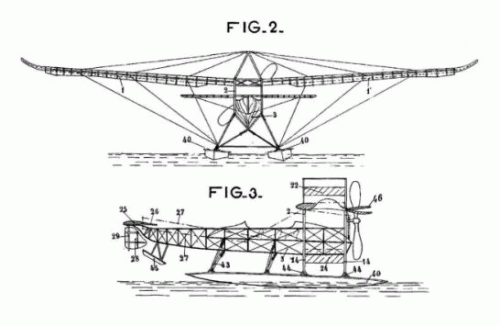 Canard version hydro ((Dessin du brevet, daté 1912, INPI).gif